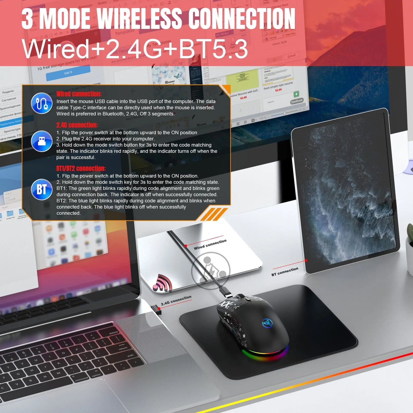 HXSJ T90  Thir-Mode wireless mouse (Wired+2.4G+BT) RGB Backlight 650mAh Gaming Mouse