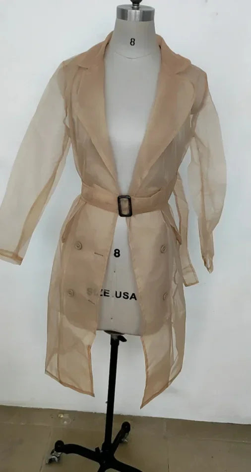 Joskaa Solid Organza See Through Lapel Full Sleeve Trench 2023 Summer Women Fashion Buttoned Coat with Belt Elegant Shirts