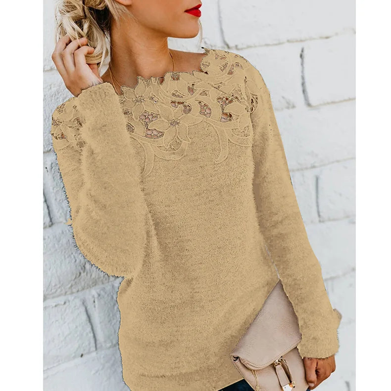 Autumn Winter Sweet Korean Fashion Casual Solid Pullover O-Neck Pullover Plush Warm Sweat Ladies Sweater Lace Women Knit Sweater