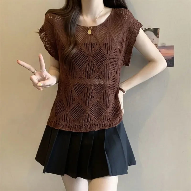 2025 Summer New Hollow Ice Silk Sweater for Women Short-sleeved Shirt with Backless Vests and Thin Tops