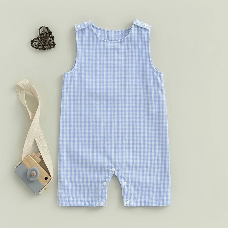 Cute Toddler Striped Sleeveless Romper Jumpsuit with Round Neck and Button Closure for Baby Boys and Girls