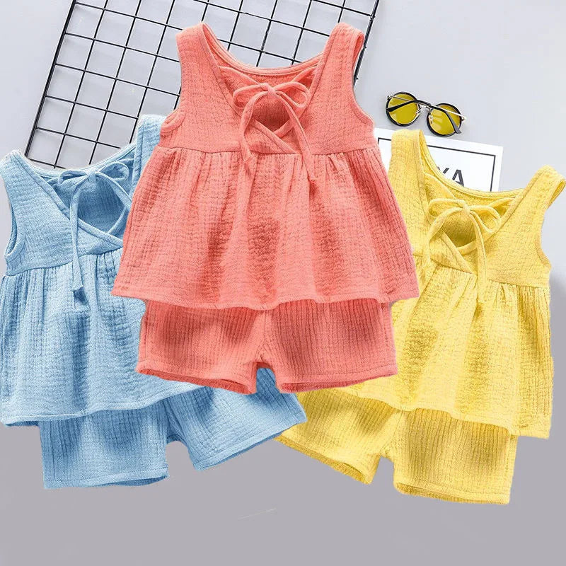 Baby Girls Outfits Clothes Summer Muslin Cotton Sleeveless Vest Dress Shorts Shirt Suits Fashion Top+Trousers Sets 2pcs 0-4T M