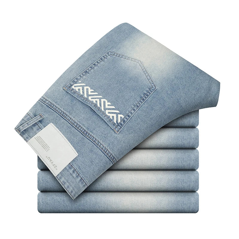 Summer Thin Men's Printed Jeans Breathable Fashion Business Loose Pants Washing Vintage Casual Denim Trousers Male