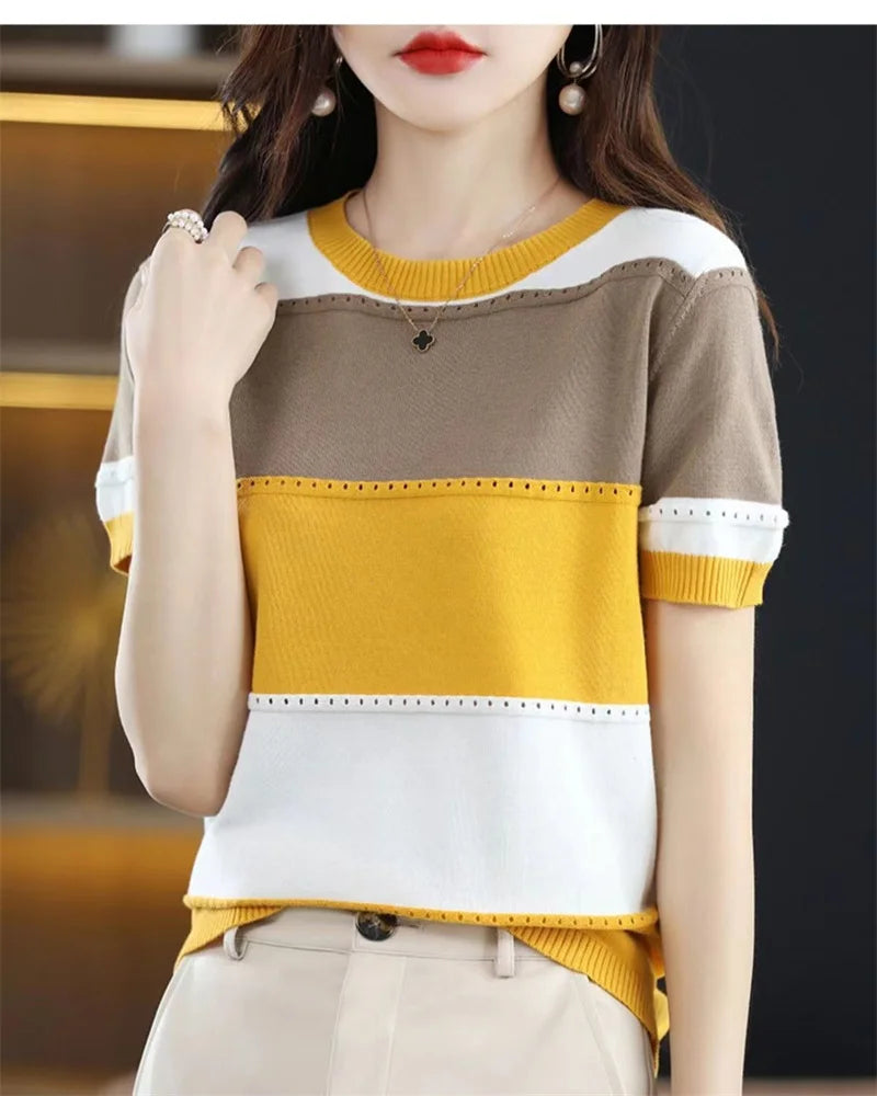 2024 Summer New Ice Silk T-shirt Short-sleeved Stripes knitted Pullover Womens Color Matching Hollow Thin Knitted Sweater Ladies