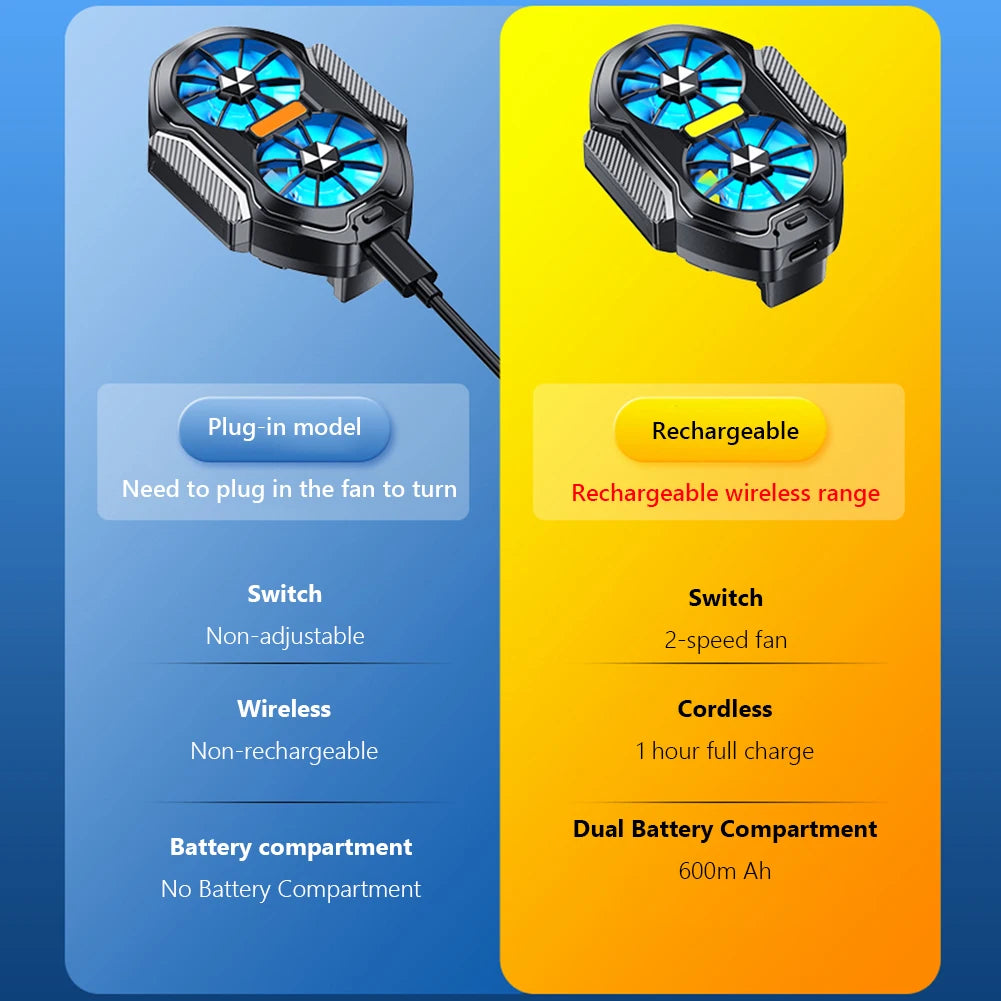 Dual Fan Mobile Phone Cooler Plug-in/Rechargeable Cell Phone Cooling Fan Type-C with Blue Light for Android IOS PUBG Game Cooler