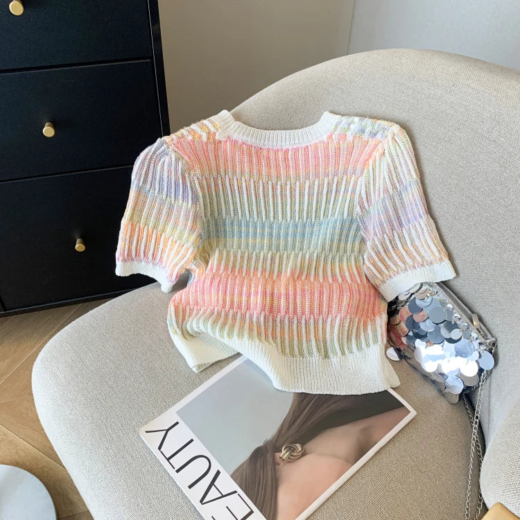 Summer Women's Sweater Sequins Striped Slim Knit Pullovers T-shirts Crop Tops Stylish Chic Fashion Short Sleeve O-neck Jumpers