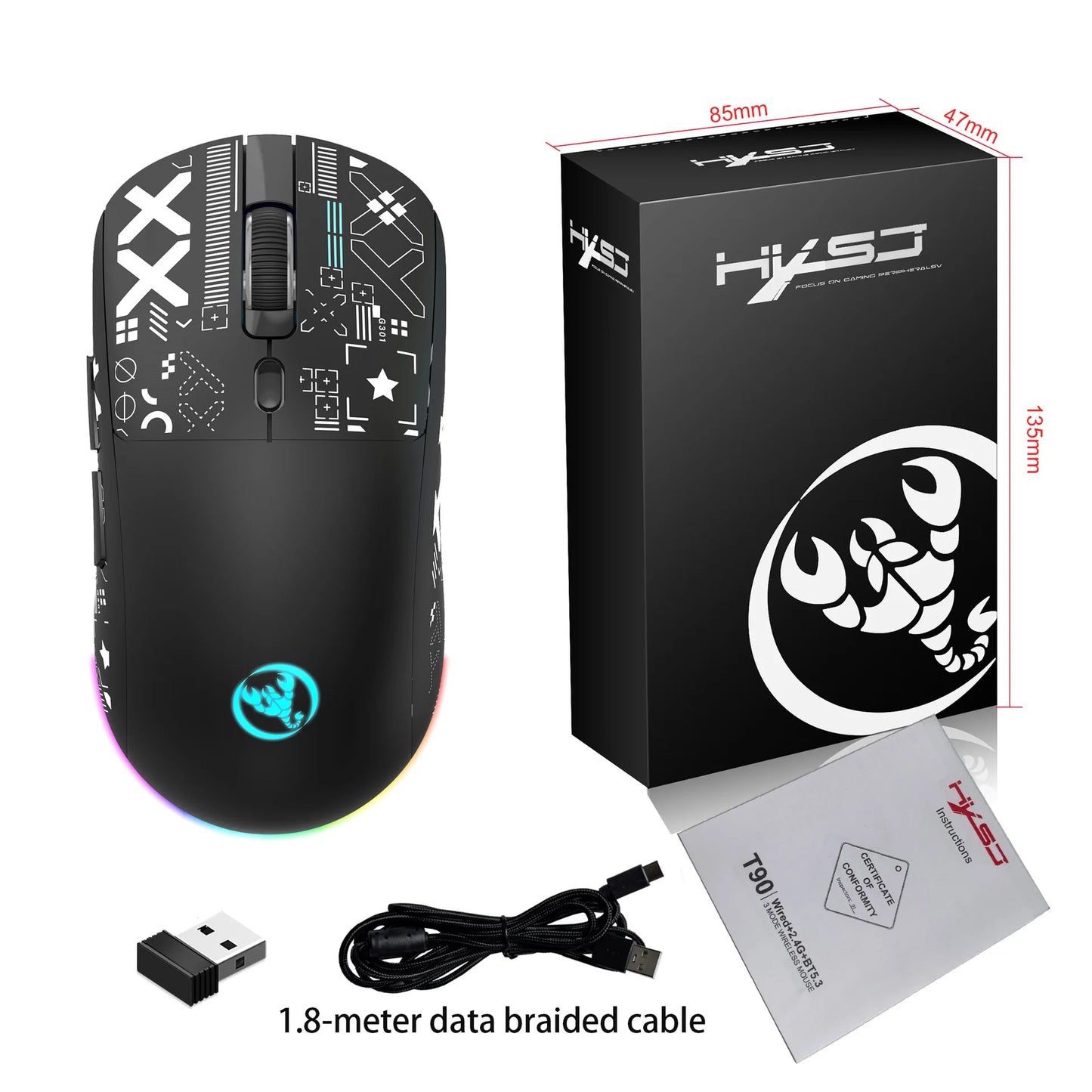 HXSJ T90  Thir-Mode wireless mouse (Wired+2.4G+BT) RGB Backlight 650mAh Gaming Mouse