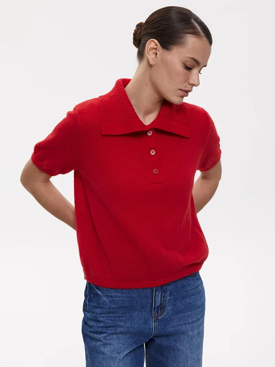 Wolfeel Summer New Polo Collar Hollow Knitted Short Sleeved Sweater Women's Bubble Sleeve T-shirt Female Simple Knitted Sweater