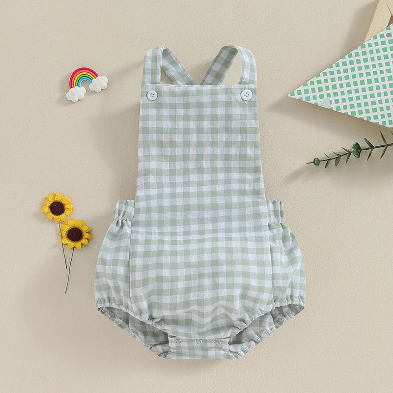 Summer Toddler Baby Girls Boys Overalls Romper Casual Sleeveless Plaid Stripe Print Jumpsuit Fashion Infant Newborn Clothes