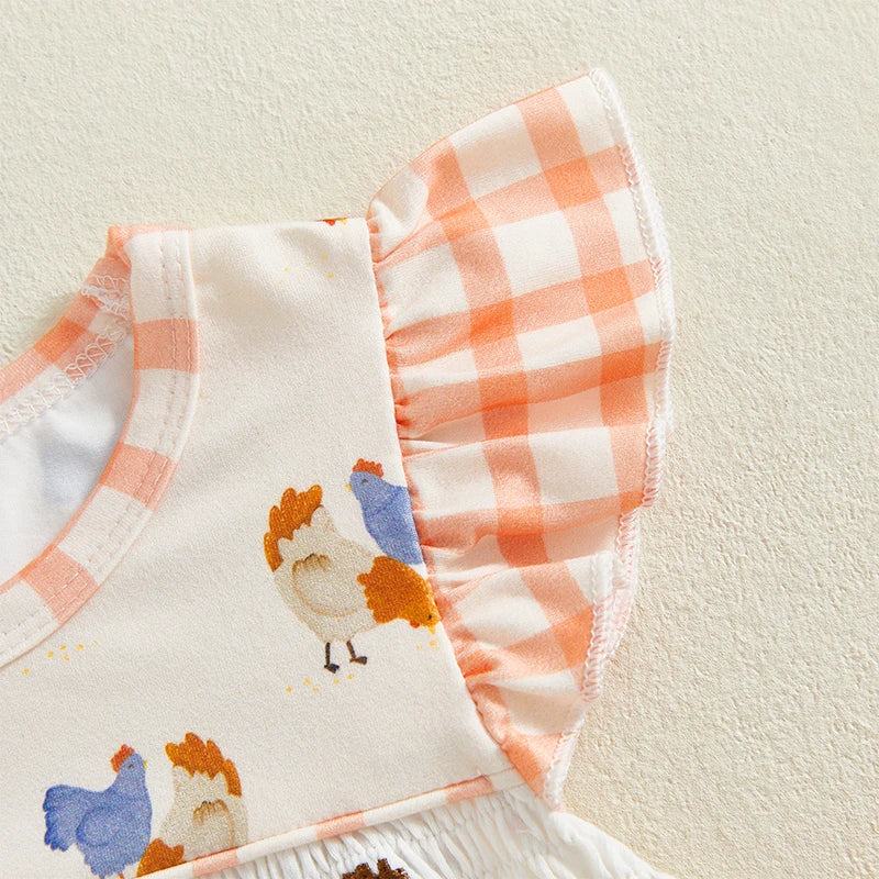 Newborn Baby Girl Romper Farm Chicken Outfit Ruffle Smocked Plaid Bodysuit Western Country Summer Clothes