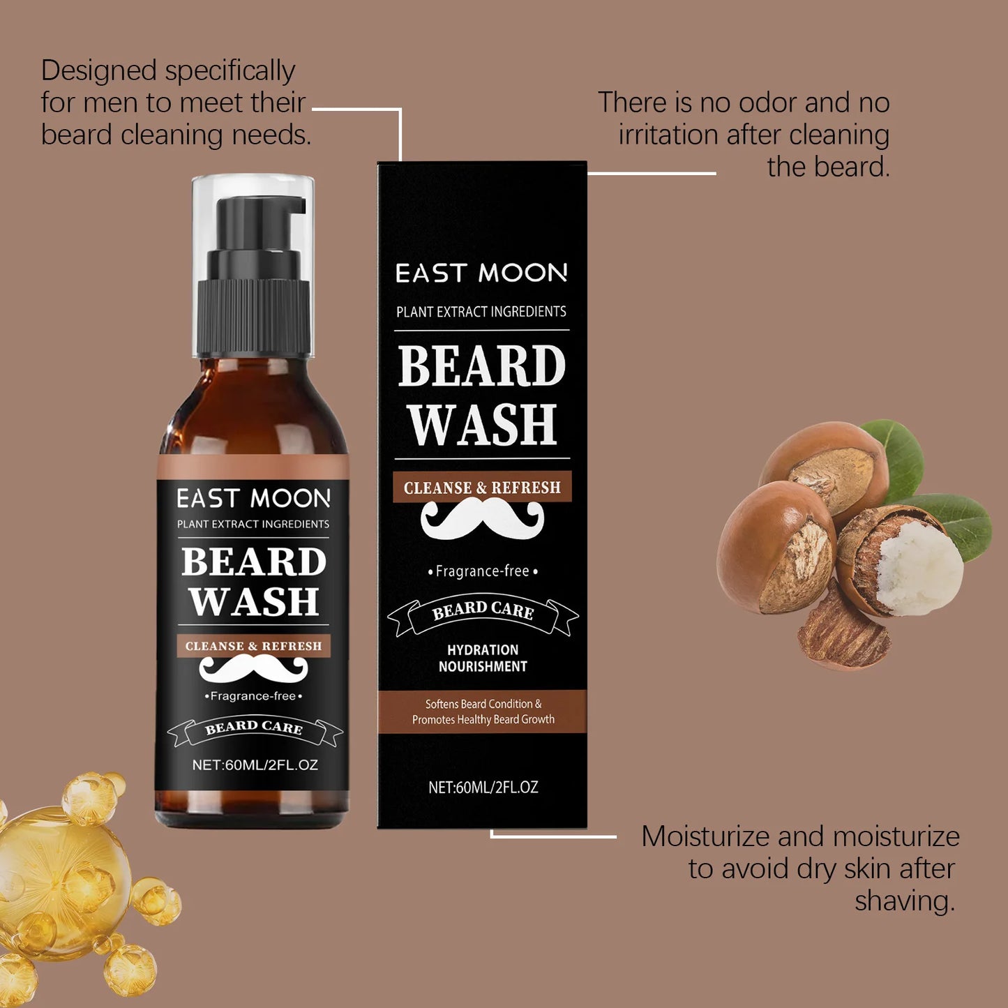 East Moon Argan Oils Beard Care Cleanser Deep cleansing Oil Control Reduce Friction Non irritating Keep Soften Beard Conditioner