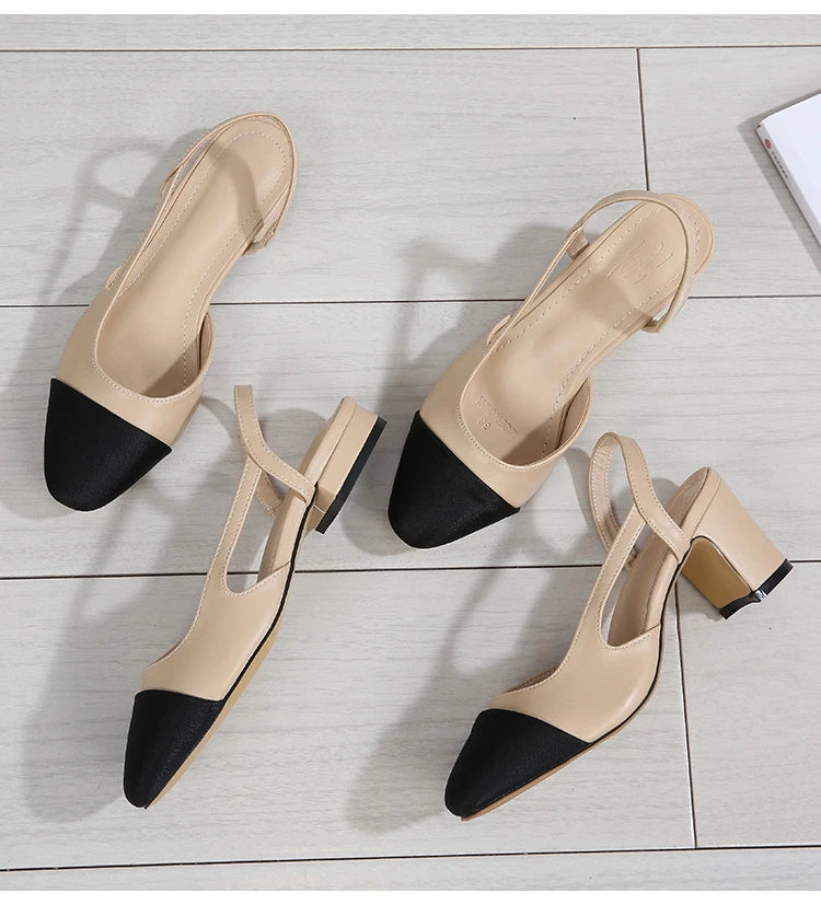 New Pointed Toe Sandals Fashion Low Square Heels Flat Shoes Korean Color Matching Party Ladies Shoes Chaussure Femme 2024