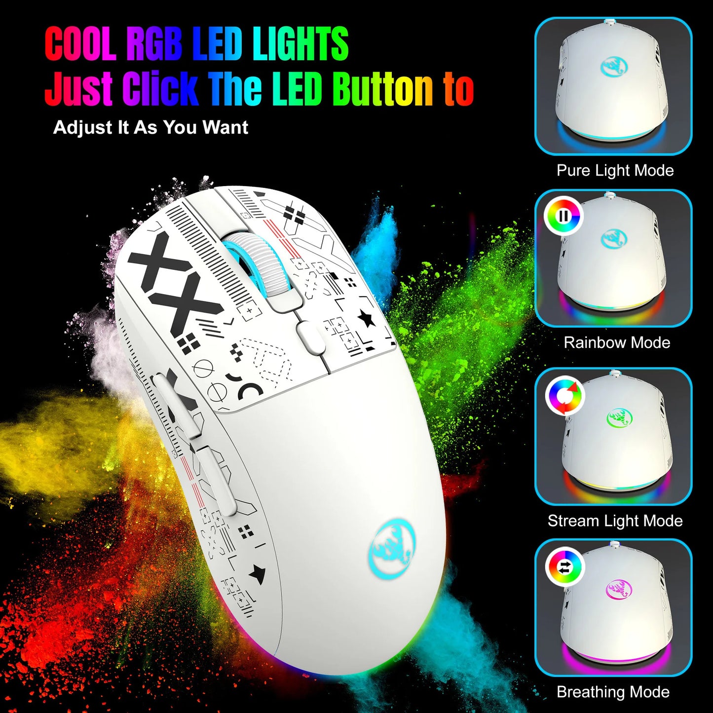 HXSJ T90  Thir-Mode wireless mouse (Wired+2.4G+BT) RGB Backlight 650mAh Gaming Mouse