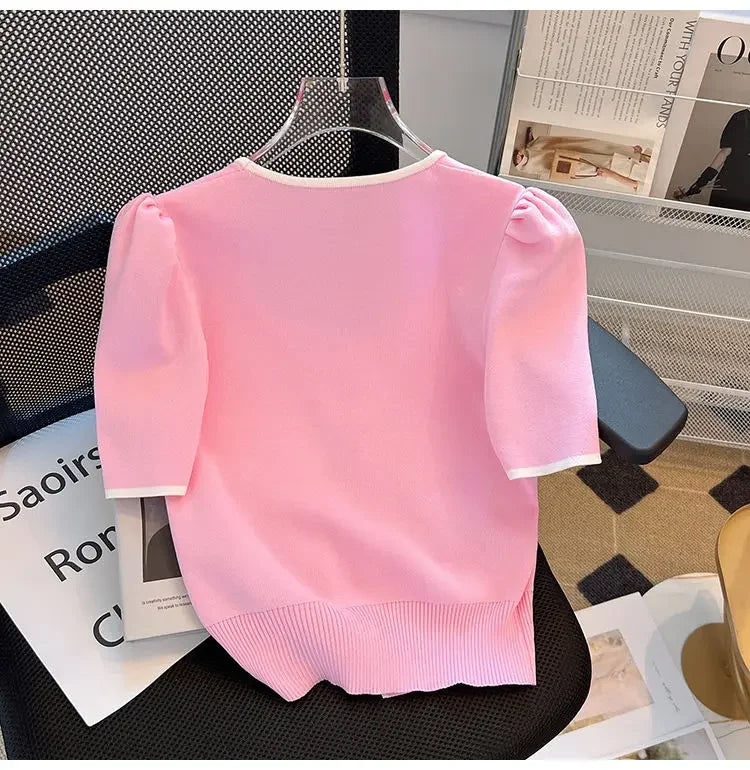 Summer Sweater Women's Knit T-shirt Casual Short Sleeve Woman Clothes Versatile Square Collar Lady Pullover Knitwear Tops Jumper