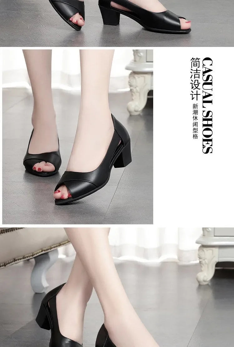 Female Shoes on Sale 2024 New Slip on Women's Sandals Solid Slip on Open Toe Chunky Heels Neutral Mature Fish Mouth Sandals