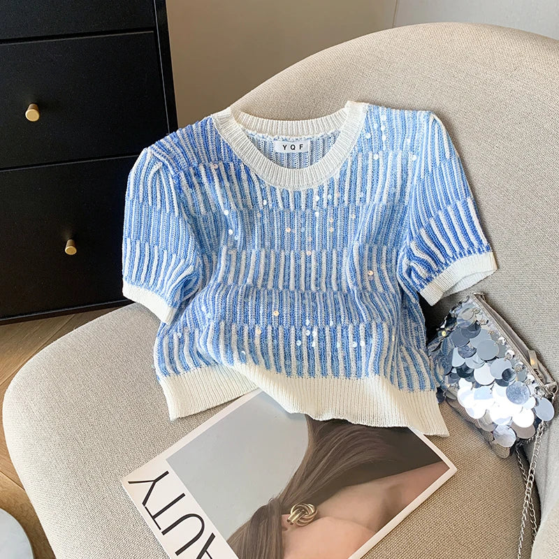 Summer Women's Sweater Sequins Striped Slim Knit Pullovers T-shirts Crop Tops Stylish Chic Fashion Short Sleeve O-neck Jumpers