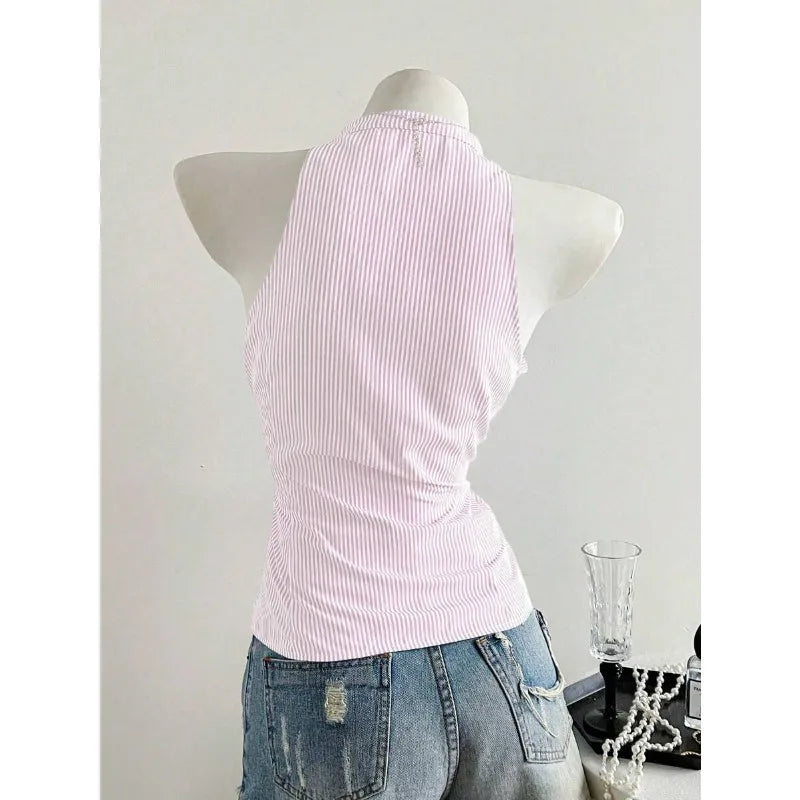 2025 Sexy Fashion Causal Stripe V Neck Sleeveless Holiday Design Plaid Skinny Halter Women Tank Chic Holiday Streetwear Tanks