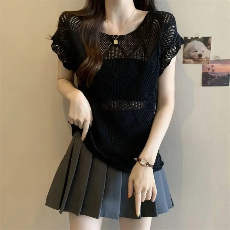 2025 Summer New Hollow Ice Silk Sweater for Women Short-sleeved Shirt with Backless Vests and Thin Tops
