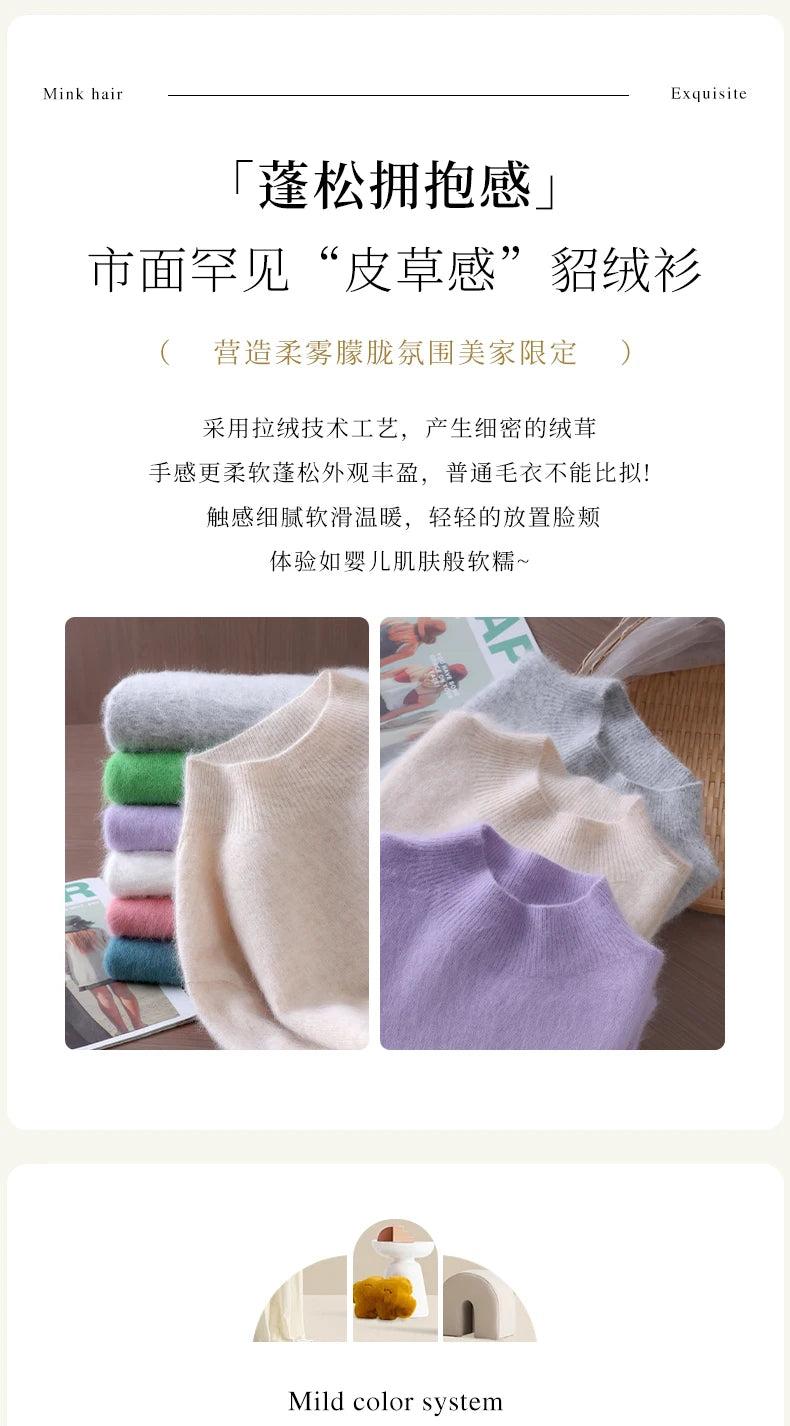 Women's Sweater Semi High Neck Autumn/Winter Pullover Long Sleeved High-End 100% Mink Fur Knitted Sweater Fashion Korean Version