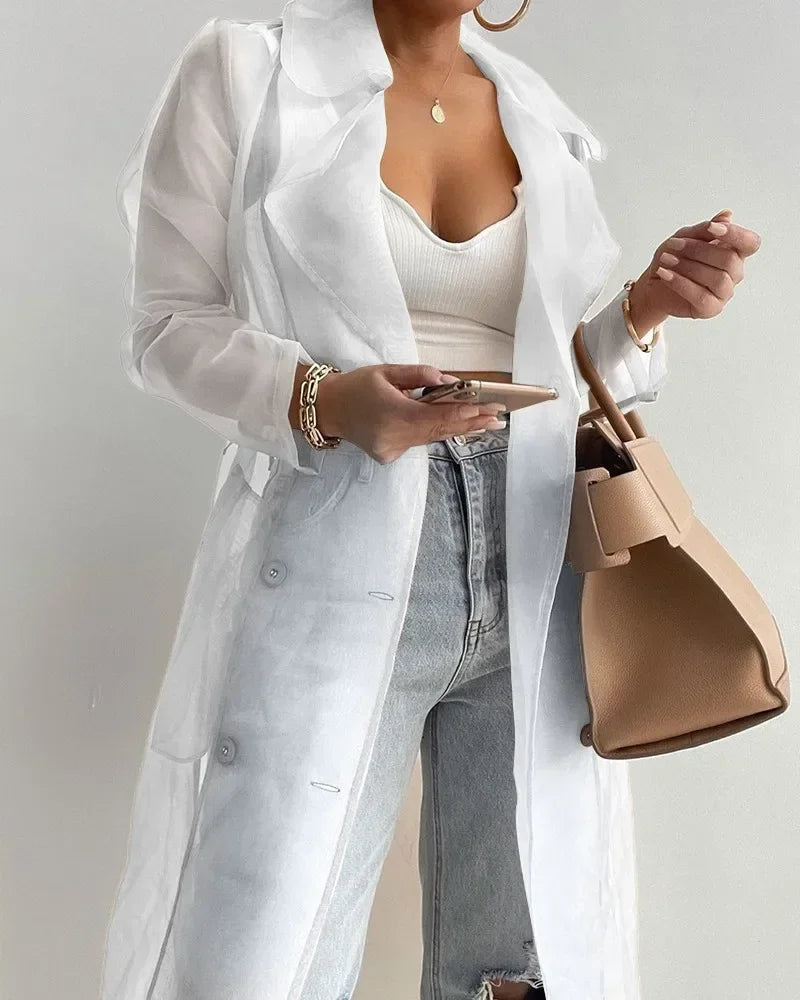 Joskaa Solid Organza See Through Lapel Full Sleeve Trench 2023 Summer Women Fashion Buttoned Coat with Belt Elegant Shirts