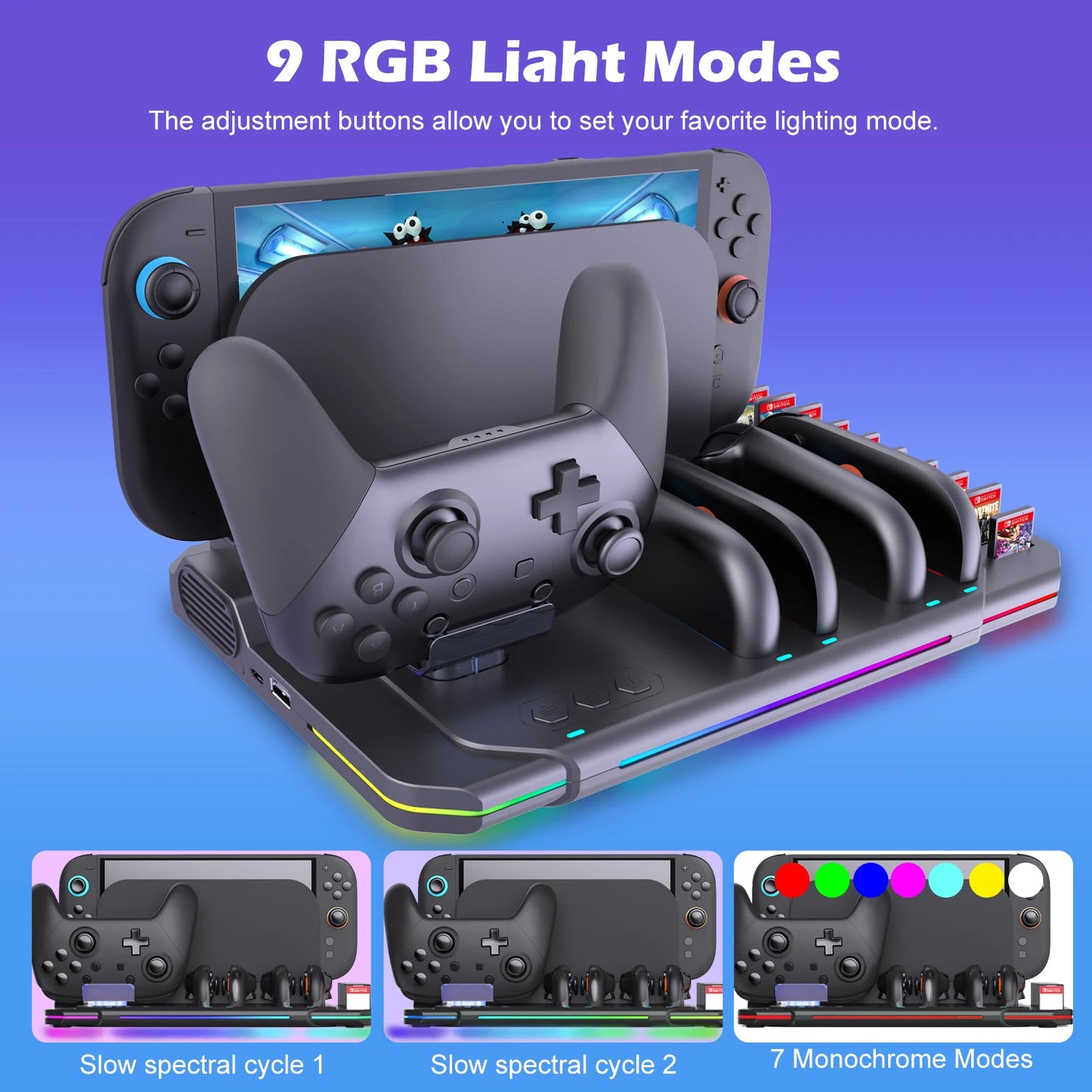 Multi-functional Cooling & Charging Stand SW2139 for Switch 2 with Cooling Fan,10 Game Card Slots & Offering 9 Adj Light Effects
