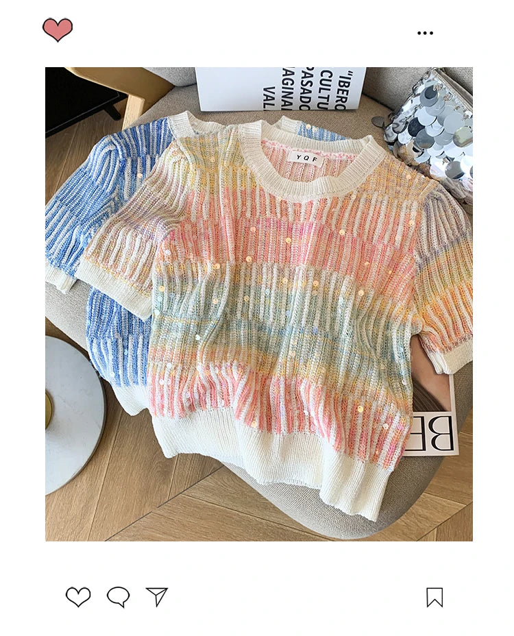 Summer Women's Sweater Sequins Striped Slim Knit Pullovers T-shirts Crop Tops Stylish Chic Fashion Short Sleeve O-neck Jumpers