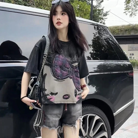 Y2K Hello Kitty Summer Girls T-Shirt Short Sleeve Anime Sanrios Cartoon Cute Sweet Cotton Women Kawaii Casual Loose Trend Tops
