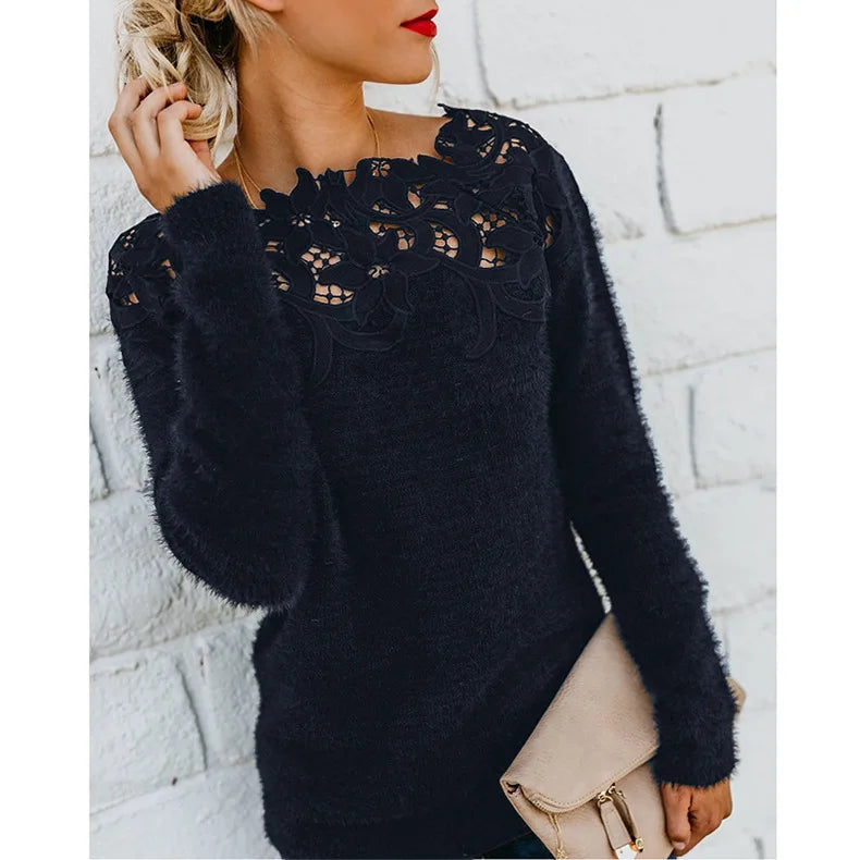 Autumn Winter Sweet Korean Fashion Casual Solid Pullover O-Neck Pullover Plush Warm Sweat Ladies Sweater Lace Women Knit Sweater