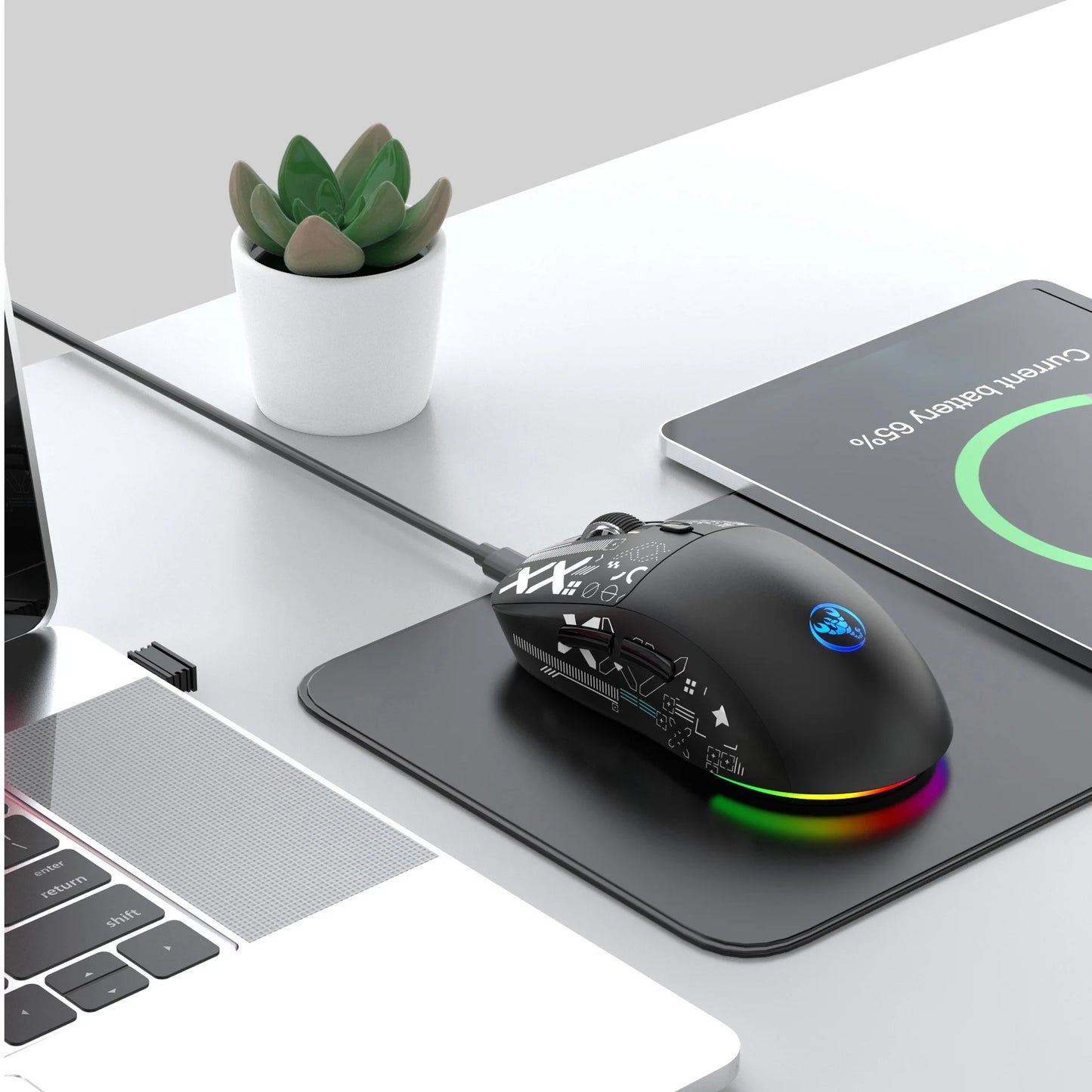 HXSJ T90  Thir-Mode wireless mouse (Wired+2.4G+BT) RGB Backlight 650mAh Gaming Mouse