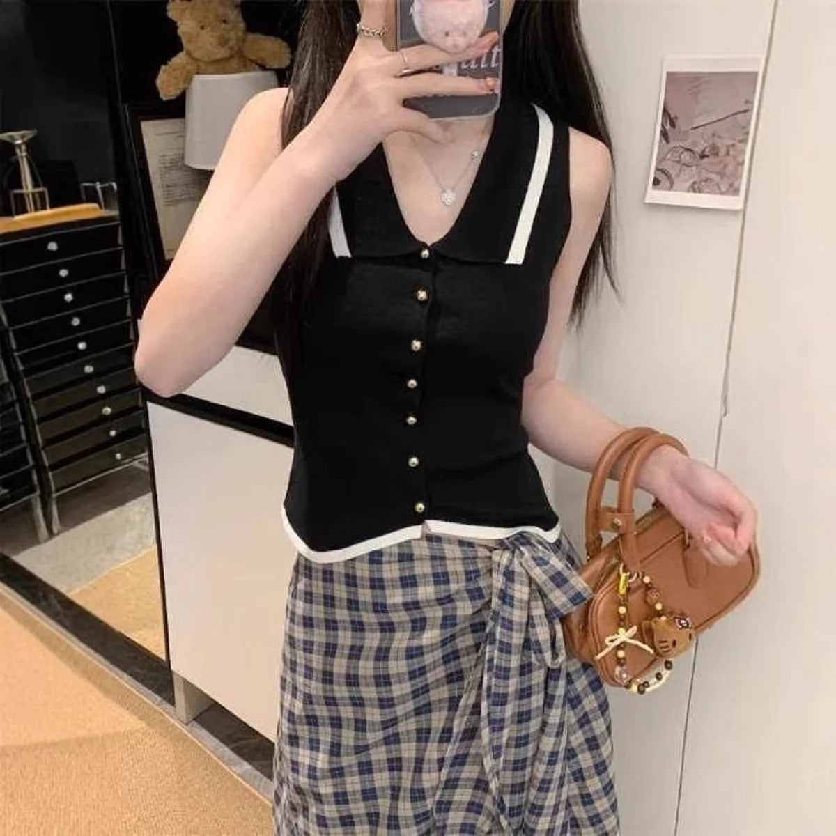 Women Summer Sweater Korean Fashion Polo Neck Slim Fit Knitted Vest Sleeveless Single Breasted Female Tank Top Clothing