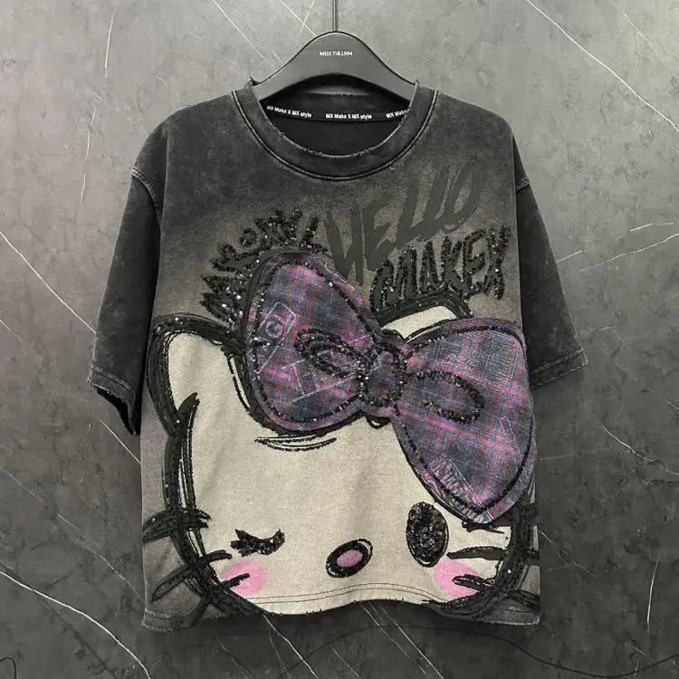 Y2K Hello Kitty Summer Girls T-Shirt Short Sleeve Anime Sanrios Cartoon Cute Sweet Cotton Women Kawaii Casual Loose Trend Tops