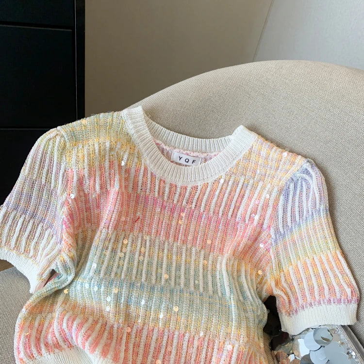 Summer Women's Sweater Sequins Striped Slim Knit Pullovers T-shirts Crop Tops Stylish Chic Fashion Short Sleeve O-neck Jumpers
