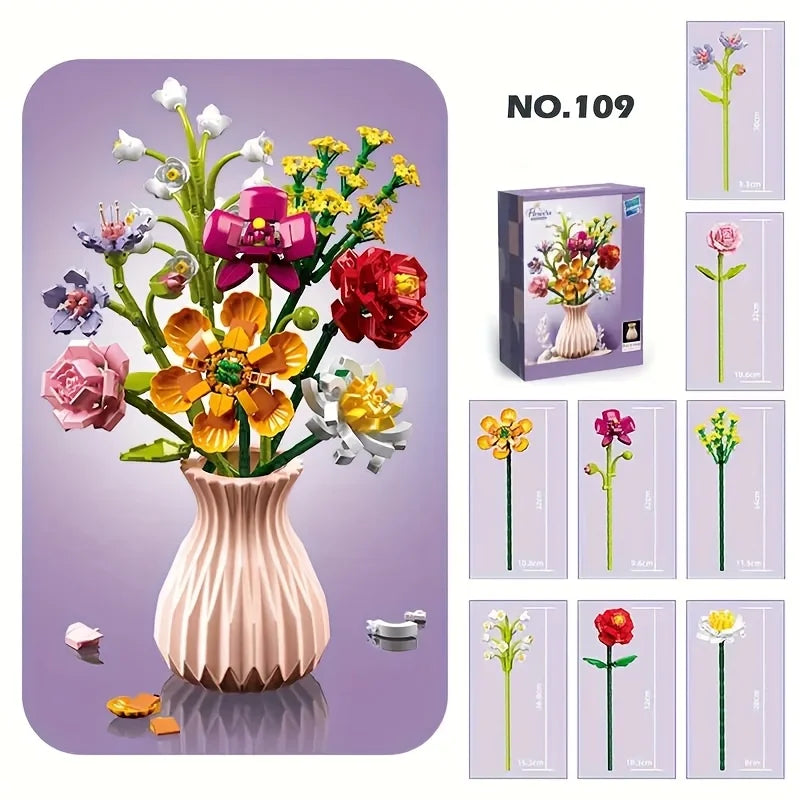 Flower Bouquet Building Set  18 Flowers Rose Sunflower Home Plant Decor, Birthday Gift for Adults Women