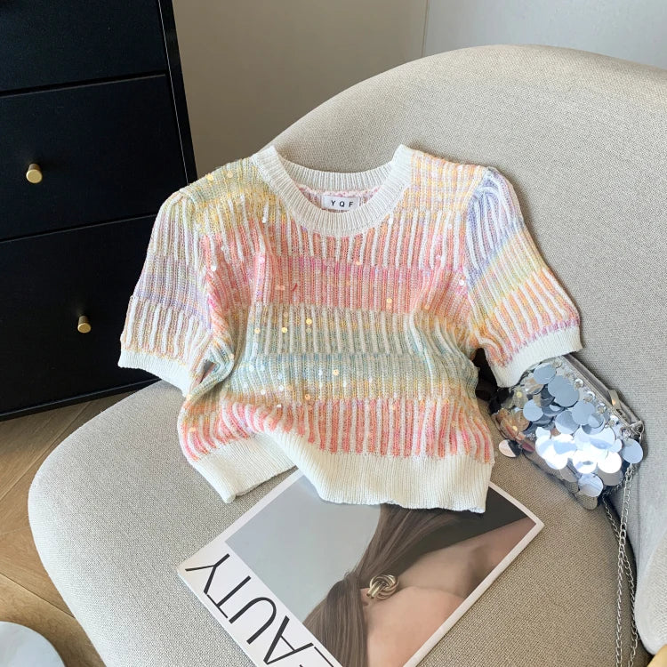 Summer Women's Sweater Sequins Striped Slim Knit Pullovers T-shirts Crop Tops Stylish Chic Fashion Short Sleeve O-neck Jumpers