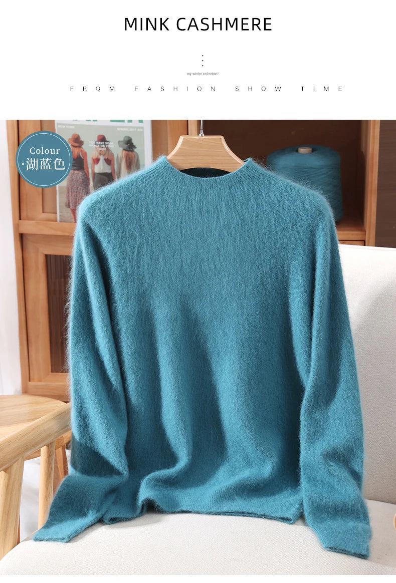 Women's Sweater Semi High Neck Autumn/Winter Pullover Long Sleeved High-End 100% Mink Fur Knitted Sweater Fashion Korean Version