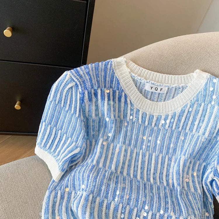 Summer Women's Sweater Sequins Striped Slim Knit Pullovers T-shirts Crop Tops Stylish Chic Fashion Short Sleeve O-neck Jumpers