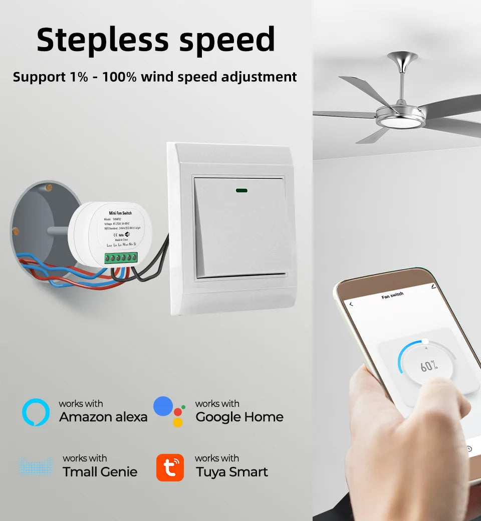 Tuya Wifi Smart Ceiling Fan Speed Switch EU 220V Mini Wall On Off Module Remote Electric Control For Alexa Google Home
