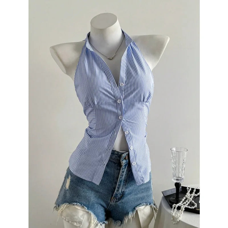 2025 Sexy Fashion Causal Stripe V Neck Sleeveless Holiday Design Plaid Skinny Halter Women Tank Chic Holiday Streetwear Tanks