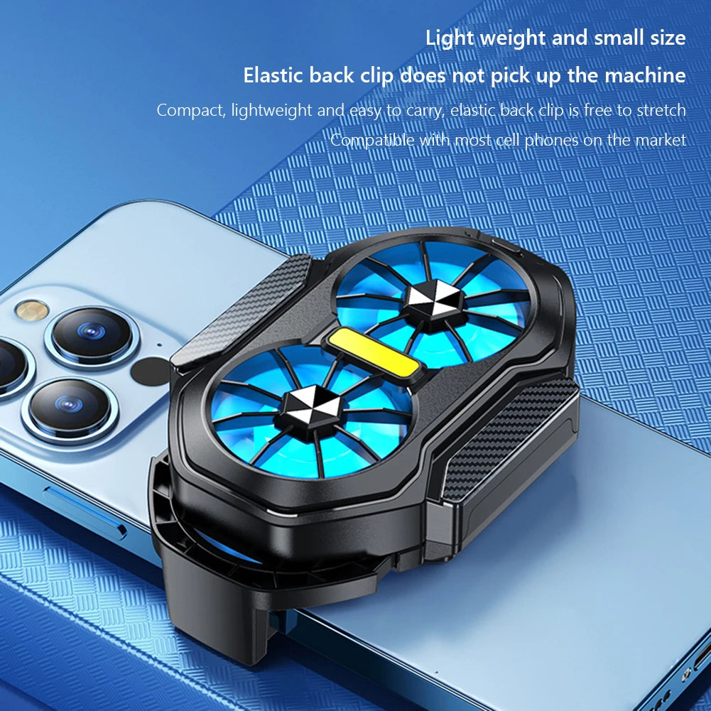 Dual Fan Mobile Phone Cooler Plug-in/Rechargeable Cell Phone Cooling Fan Type-C with Blue Light for Android IOS PUBG Game Cooler