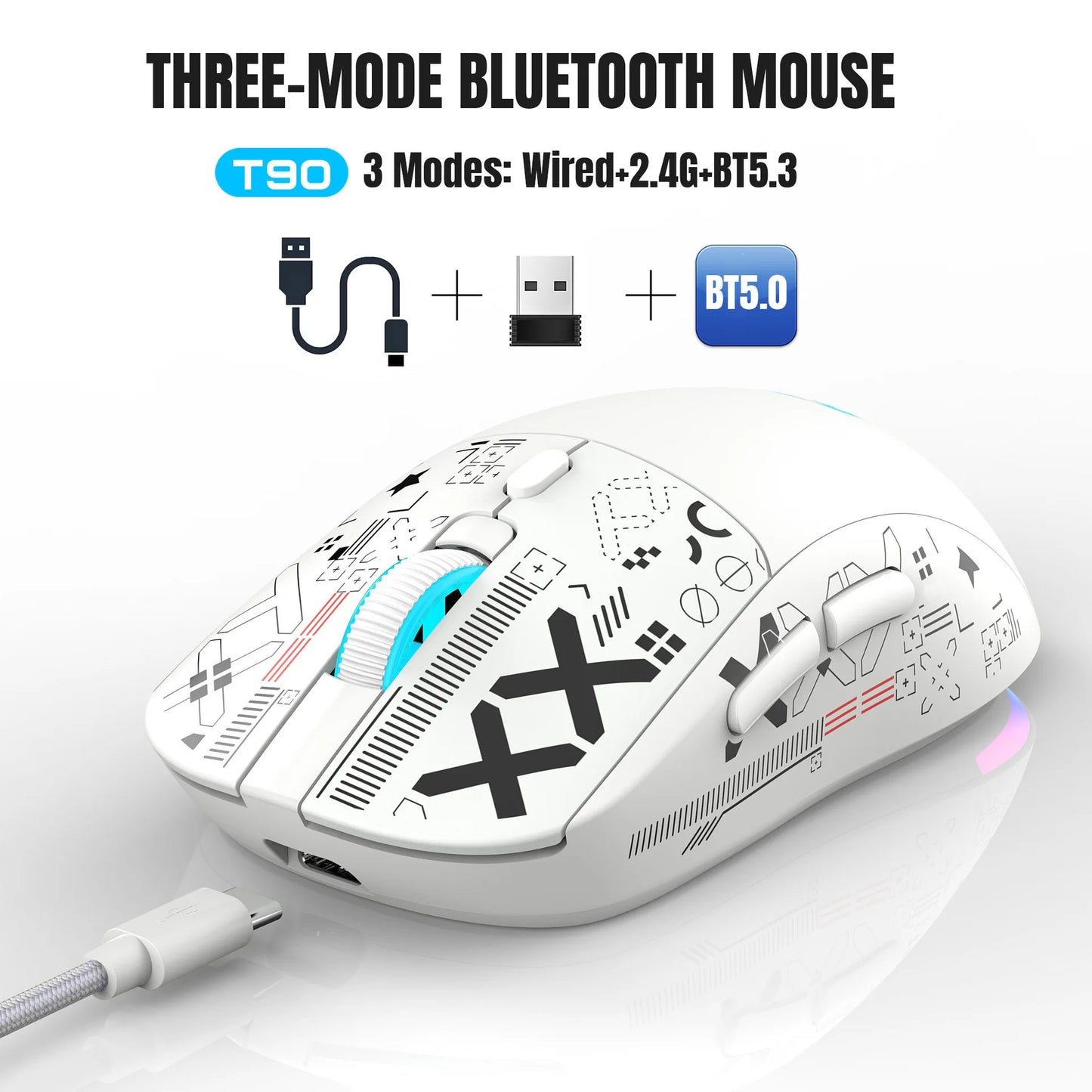 HXSJ T90  Thir-Mode wireless mouse (Wired+2.4G+BT) RGB Backlight 650mAh Gaming Mouse