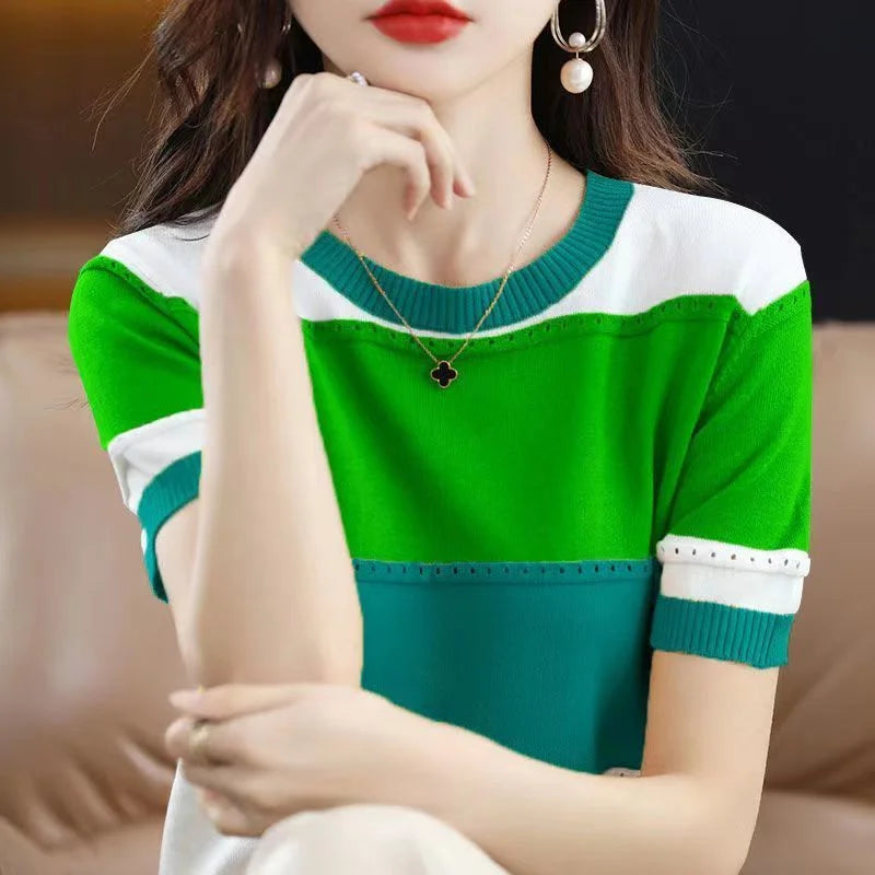 2024 Summer New Ice Silk T-shirt Short-sleeved Stripes knitted Pullover Womens Color Matching Hollow Thin Knitted Sweater Ladies