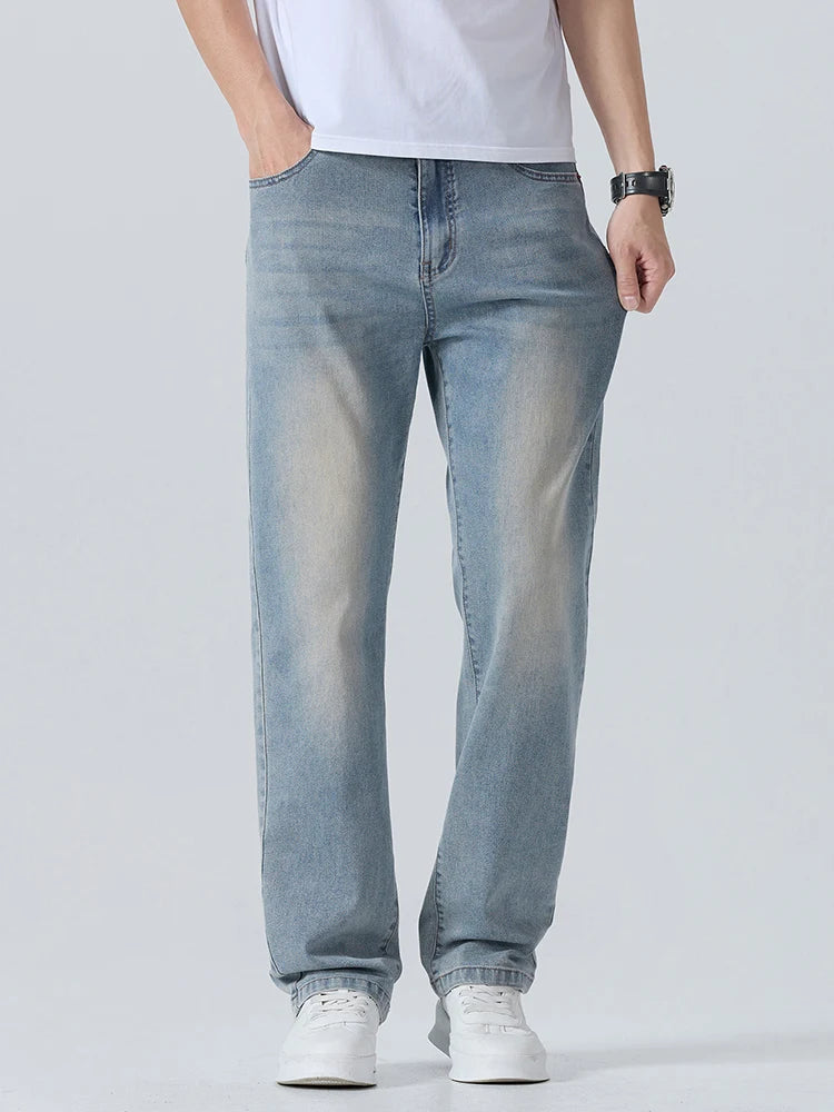Summer Thin Men's Printed Jeans Breathable Fashion Business Loose Pants Washing Vintage Casual Denim Trousers Male
