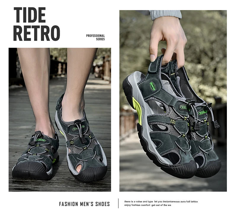 Summer Men's Sandals Classic Genuine Leather Sandals Fashion Outdoor Hiking Shoes Light  Breathable Non-slip Sneakers 38-48