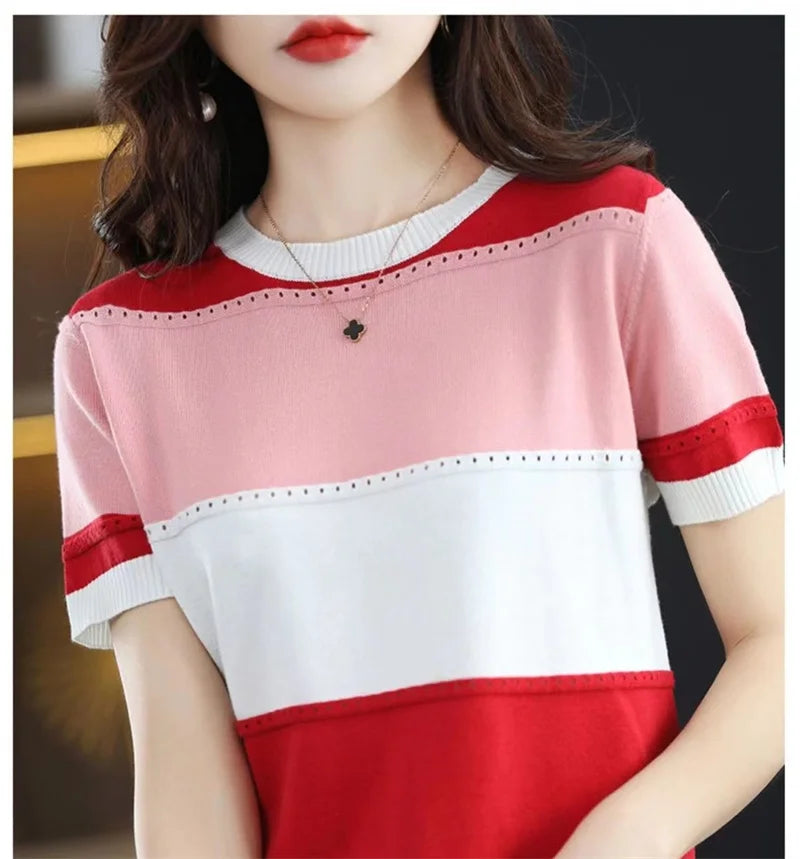 2024 Summer New Ice Silk T-shirt Short-sleeved Stripes knitted Pullover Womens Color Matching Hollow Thin Knitted Sweater Ladies