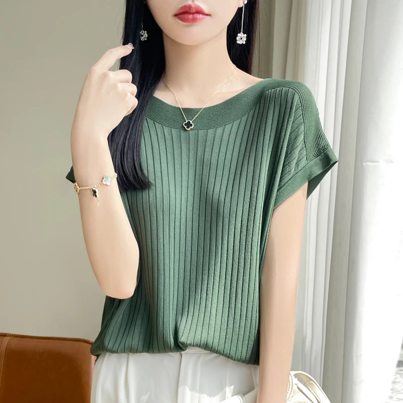 2025 Fashion Slash Neck Women Sweater Ice Silk Spring Summer Knitted Sweater Loose Casual Korean Shirts Short Sleeve Knitwears