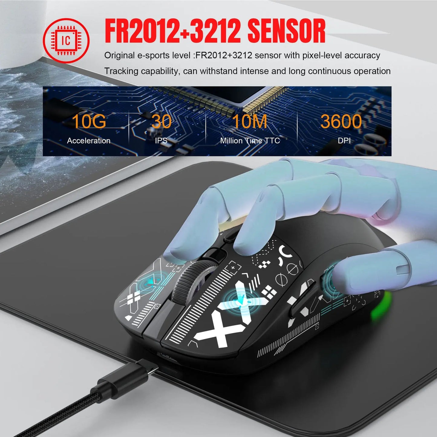 HXSJ T90  Thir-Mode wireless mouse (Wired+2.4G+BT) RGB Backlight 650mAh Gaming Mouse