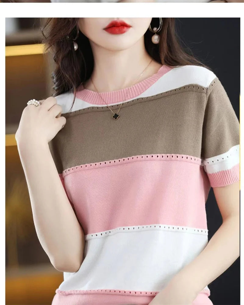 2024 Summer New Ice Silk T-shirt Short-sleeved Stripes knitted Pullover Womens Color Matching Hollow Thin Knitted Sweater Ladies