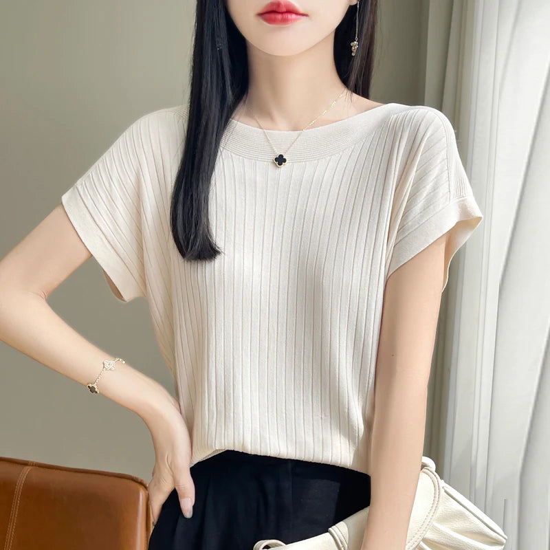 2025 Fashion Slash Neck Women Sweater Ice Silk Spring Summer Knitted Sweater Loose Casual Korean Shirts Short Sleeve Knitwears