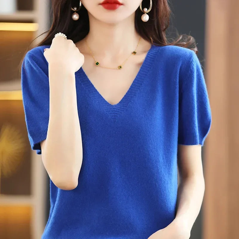 Spring Summer Women Sweater Knit Tshirts V-neck Short Sleeve Knitwears Korean Fashion Pullovers Solid Bottoming Shirt Jumper