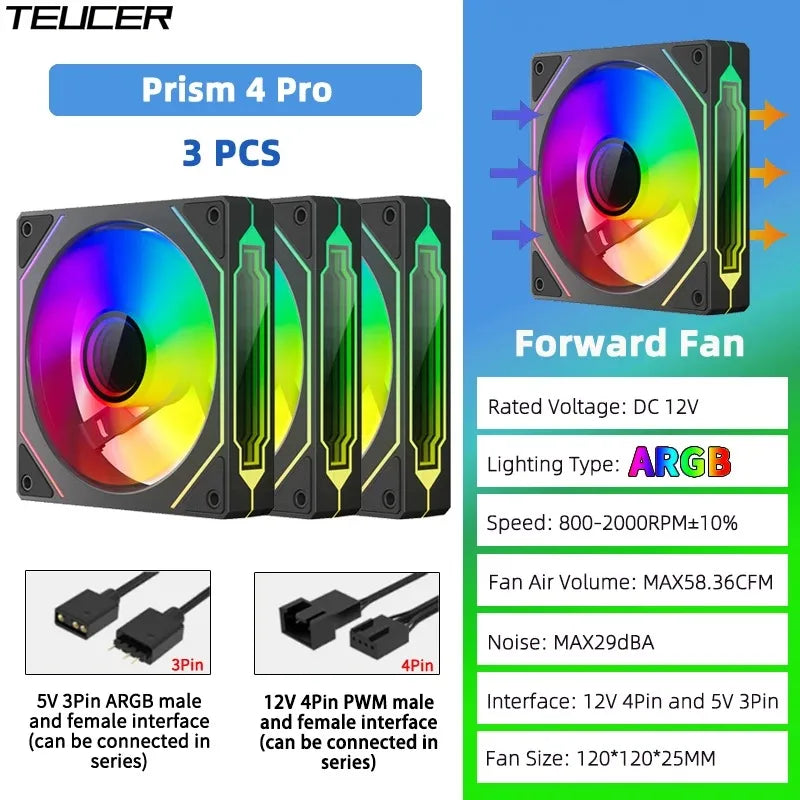 TEUCER Prism 4 PRO 3PCS PC Case Fan 120mm ARGB Cyclic Mirror Light Effect PWM 800-2000RPM CPU Cooler ventilador
